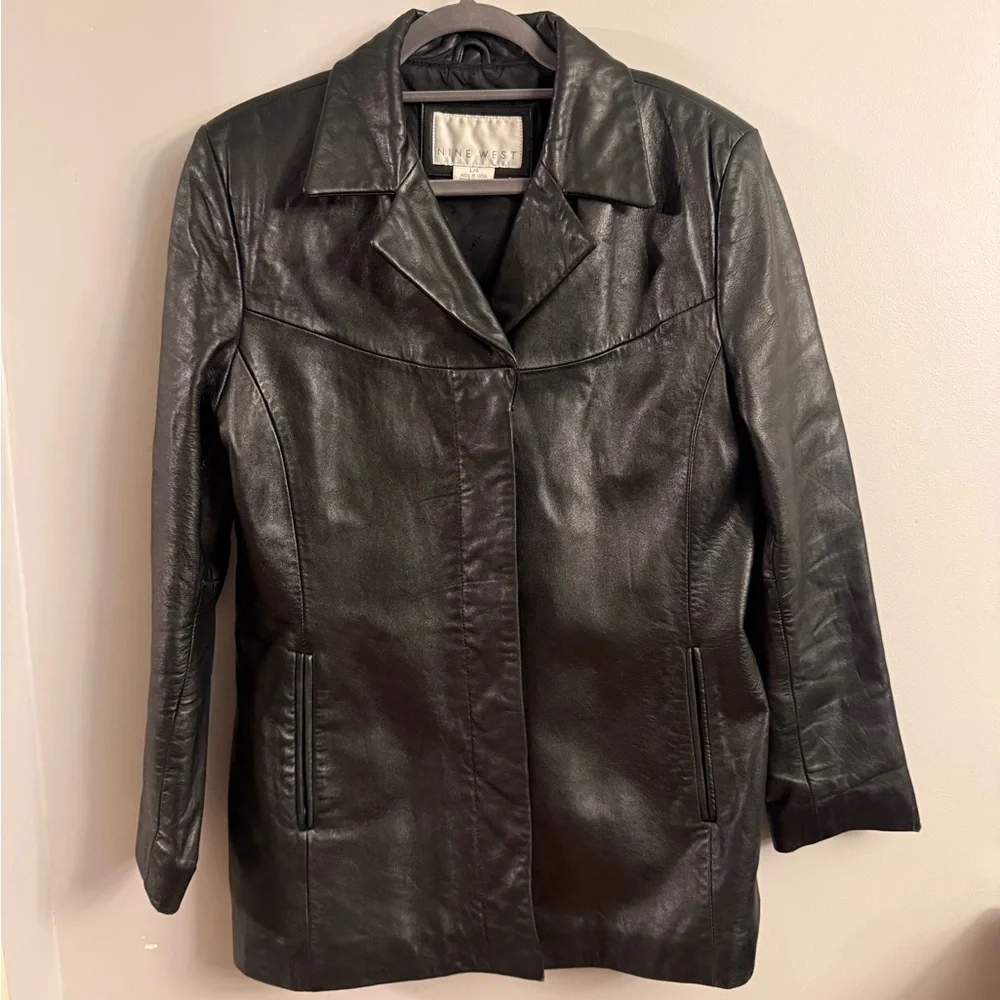 Nine West Black Leather Jacket | Women’s Large | Classic Button Front